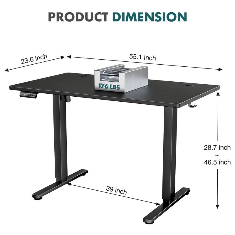 Electric Standing Desk - Adjustable Height Computer Workstation with Memory Settings for Home Office, Gaming & Study - 55"x 24" - Black