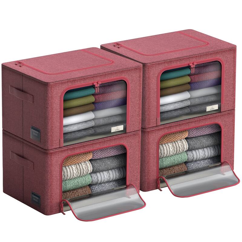 Sorbus Storage Bins with Metal Frame Stackable Foldable Clothes Organizer Bags Oxford Fabric With Clear Window & Handles- 4Pk - Pink