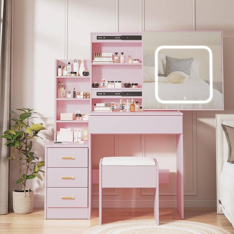 Vanity Desk with Mirror and LED Lights, Makeup Vanity Desk with Sliding Lighted Mirror - Pink