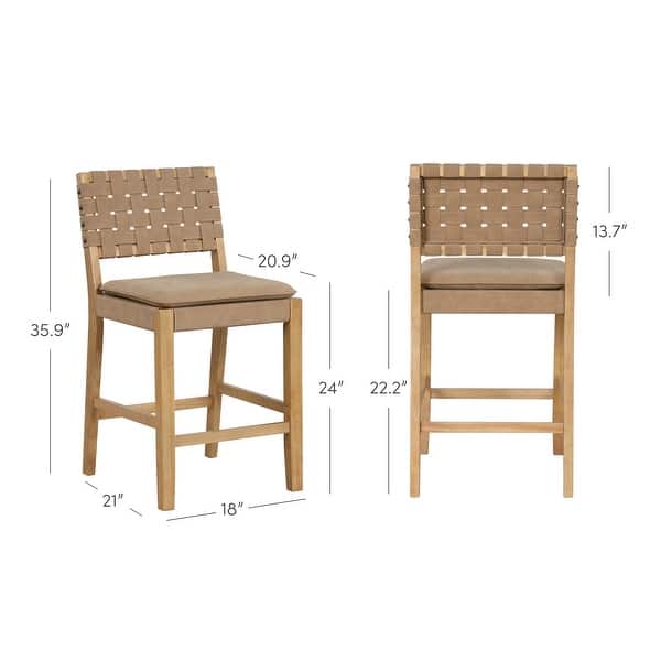 dimension image slide 0 of 7, Nathan James Cohen Faux Leather Counter or Bar Height Stool, Solid Wood Frame with Footrest and Woven Leather Back