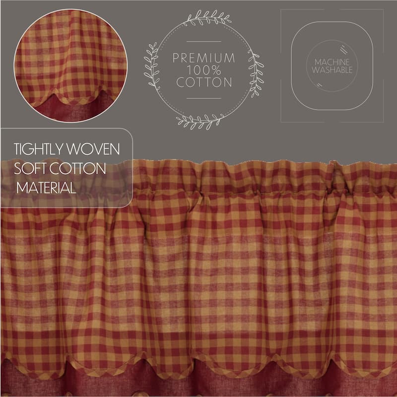 Primitive Kitchen Curtains VHC Check Valance Rod Pocket Cotton - 16x72 - Burgundy/Dark Tan
