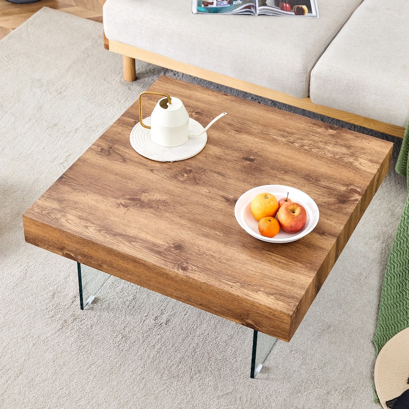 Walnut Colored Square Mdf Coffee Table - 31.5"X31.5"With Tempered Glass Legs.Density Board Sticker,Reinforced Glass Legs