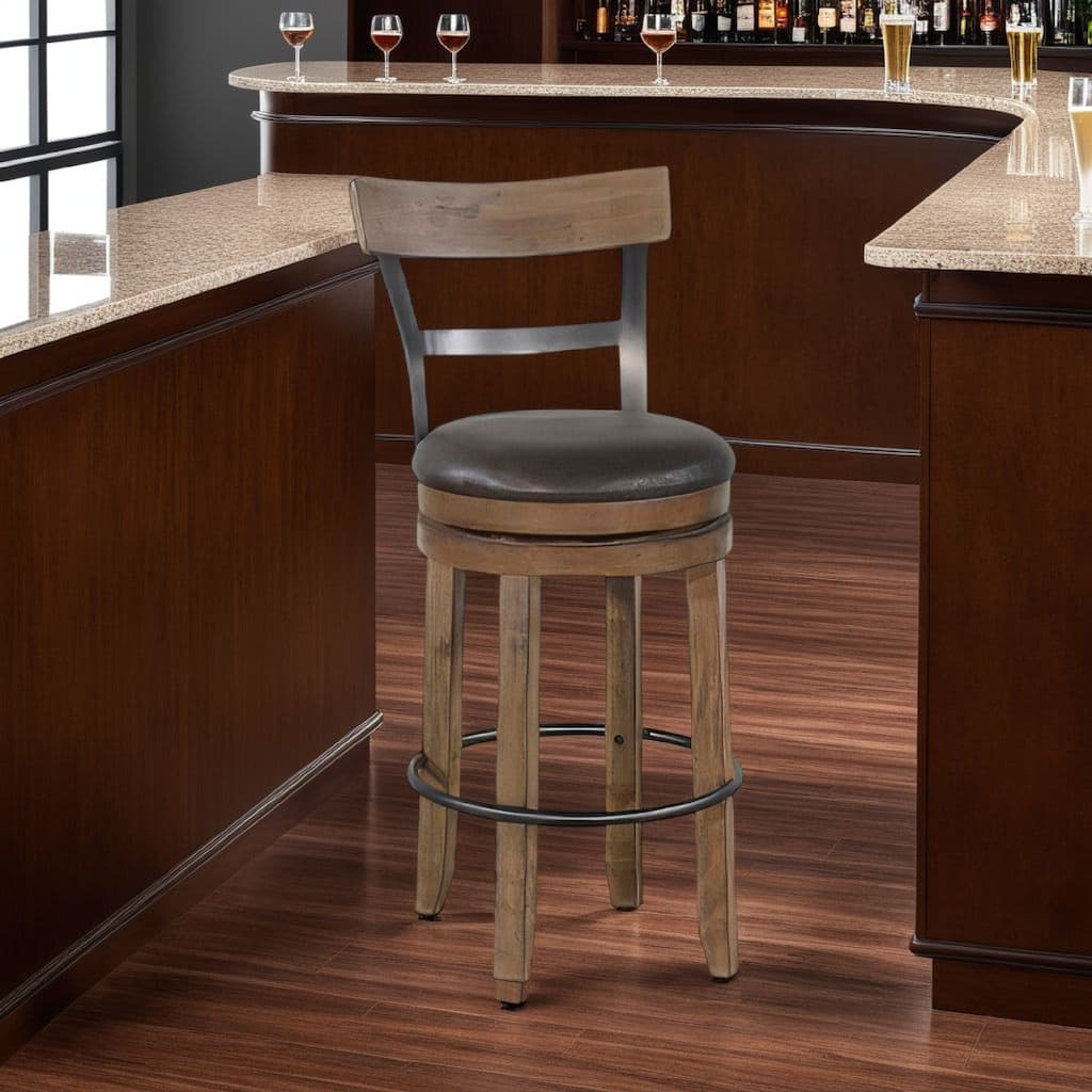Yael Swivel Barstool Chair Set of 2, Gray Faux Leather, Brown, Black