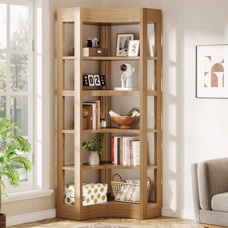 Corner Shelf, 71 Inch Tall L-Shaped Bookcase - Natural