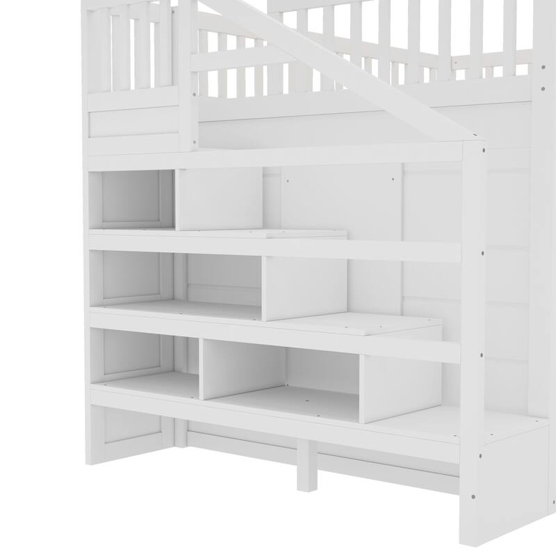 Children's Bedroom Solid Wood Loft Bed with Movable Desk, Storage Stairs, Shelves, Safety Guardrails and Optional Full or Twin