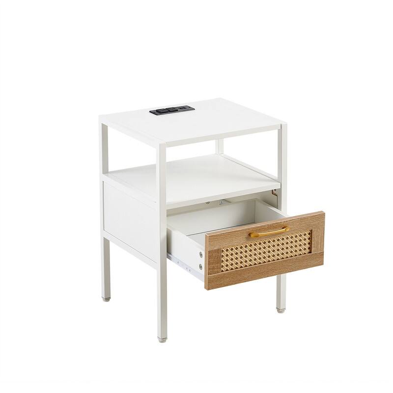 15.75" Modern Rattan End Table with Charging Station Nightstand with Drawer Metal Legs Side Table