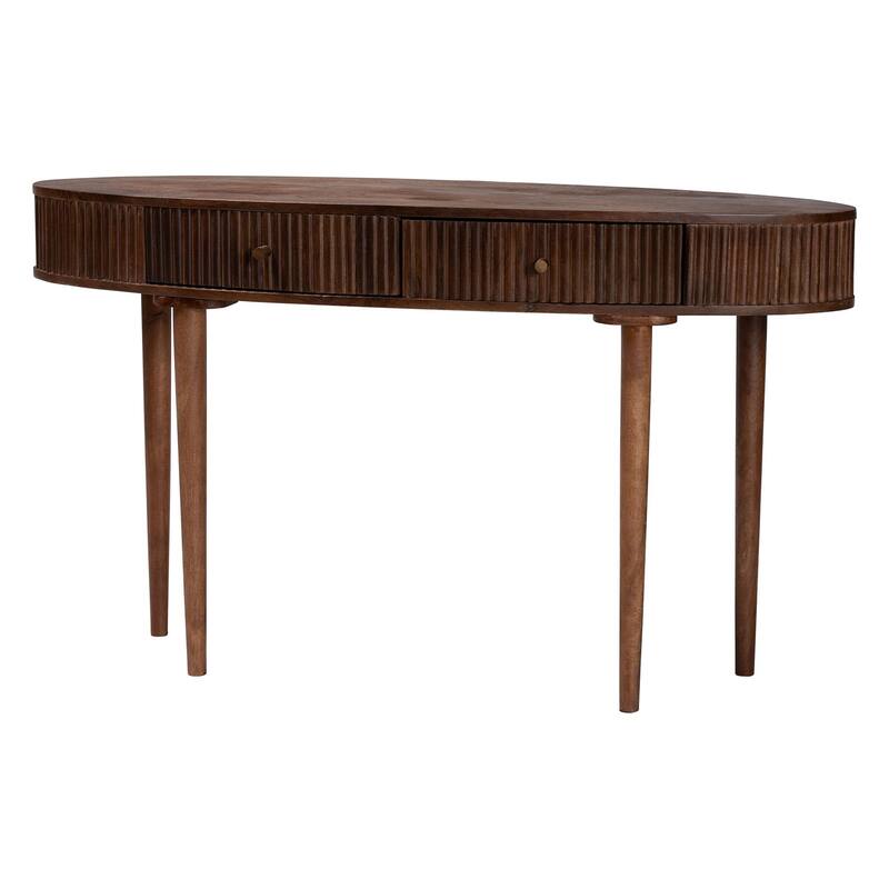 Linore Fluted Wood Console Table - 2-Drawer Oval Accent Table for Living Room or Entryway - Dark Walnut Brown