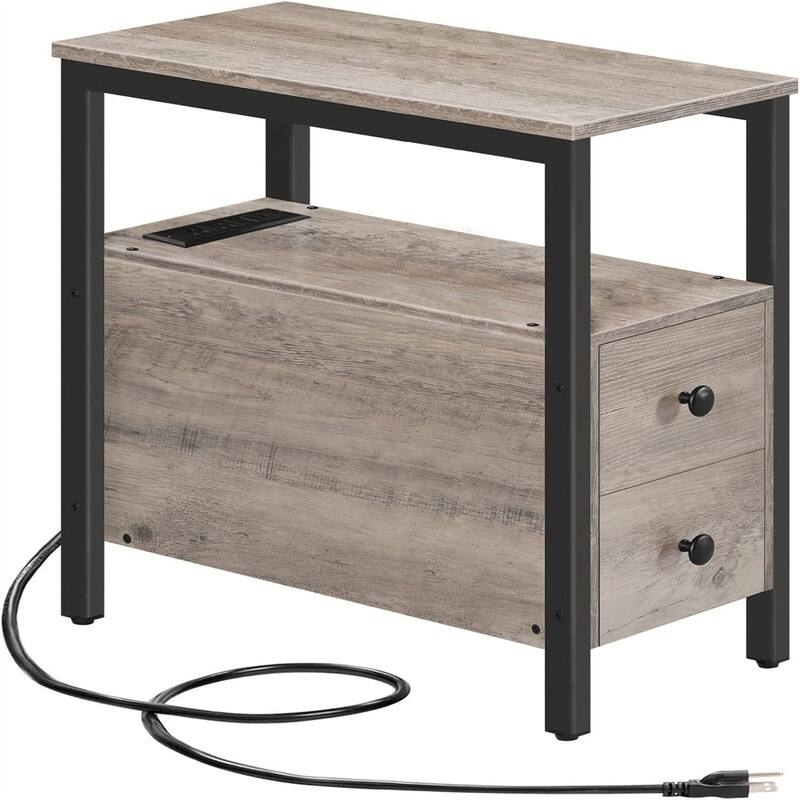 End Table with Charging Station - 11.8"D x 18.9"W x 24"H - Greige + Black