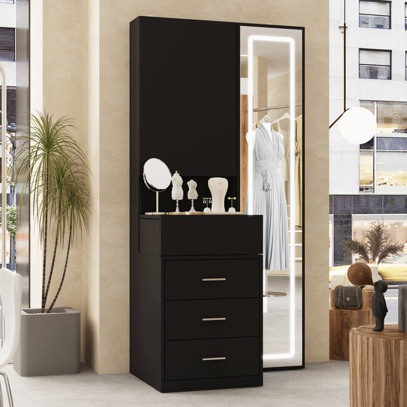 Sleek Storage Dresser with Ambient Mirror Lighting Makup Vanity Table