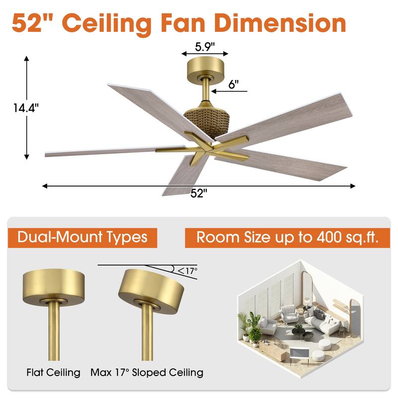 52" Weathered Grey Oak Plywood 5-Blade Indoor Ceiling Fan with Remote and No Light