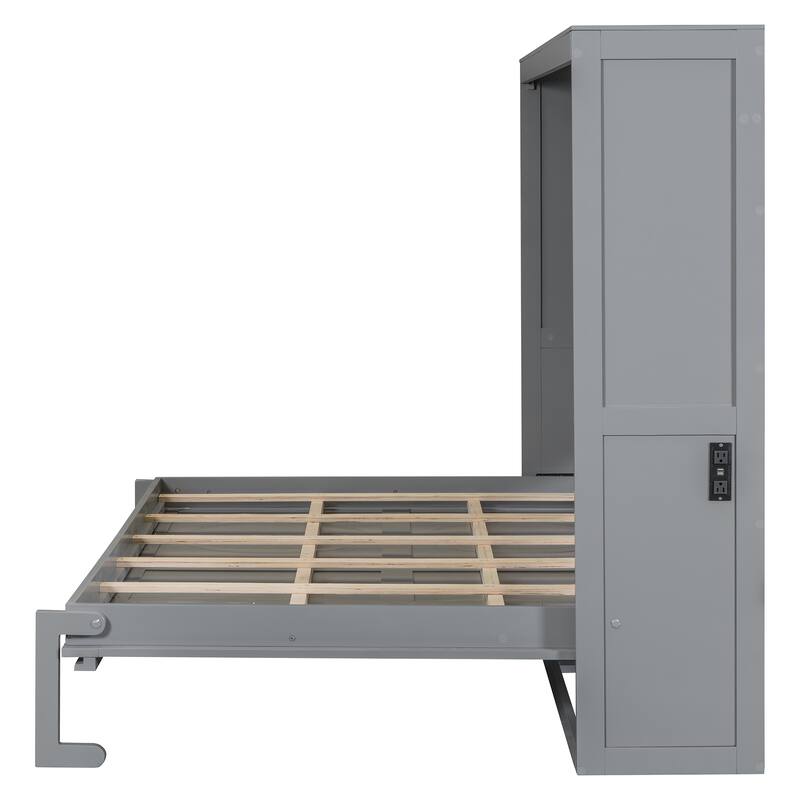 Full/Queen Size Murphy Bed with Rattan Doors and Charging Station, Hideaway Wood Wall Chest Bed Frame, No Box Spring Needed