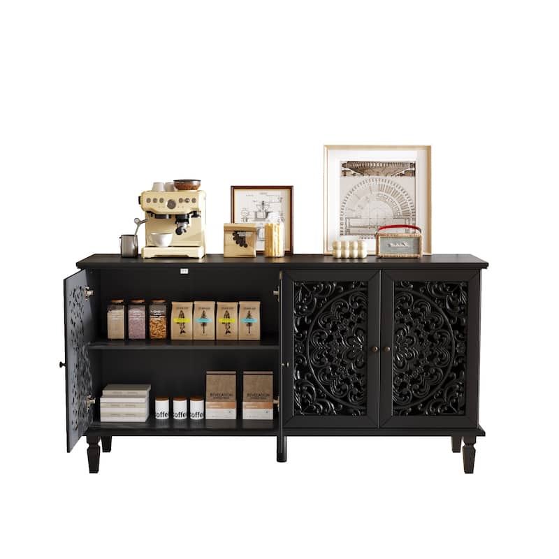 60" Antique Buffet Cabinet with Floral Carvings with Solid Wood Legs&Adjustable Shelves, TV Stand for 65''+ TV
