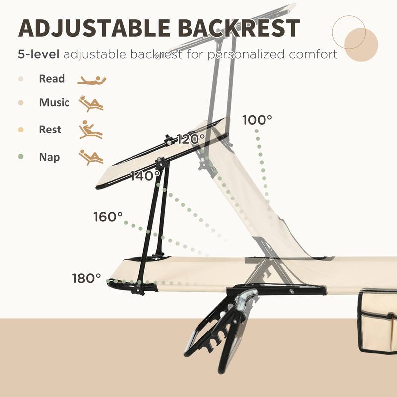 2-Piece Foldable Lounge Pool Chairs with Side Pocket, Outdoor Sun Tanning Chairs with Canopy Shade & Reclining Backrest
