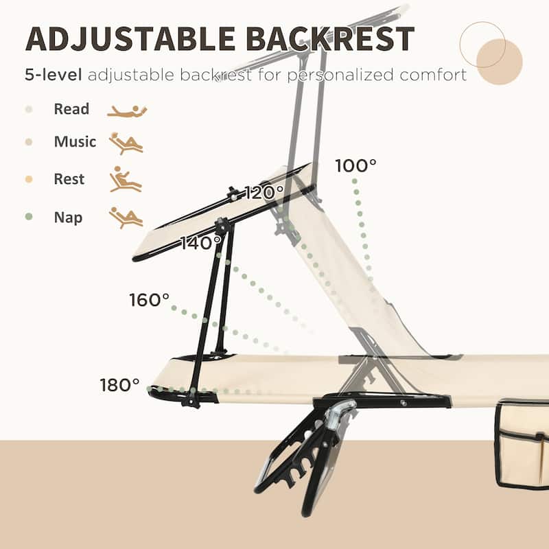 Outdoor Folding Chaise Lounge Pool Chairs with Canopy Shade, Reclining Back, Steel Frame and Side Pocket for Beach, Yard, Patio