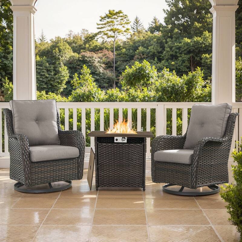 Pocassy Fire Pit Table with Sofa Swivel Chairs Set - Brown Wicker Gray Cushion - 3 Pieces Swivel Chair with Fire Table