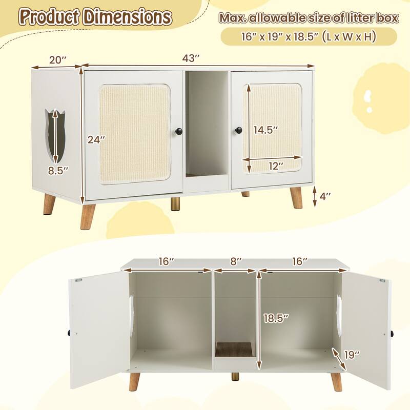 Gymax 43'' Cat Litter Box Enclosure for 2 Cats w/ Double Rooms 2 Sisal