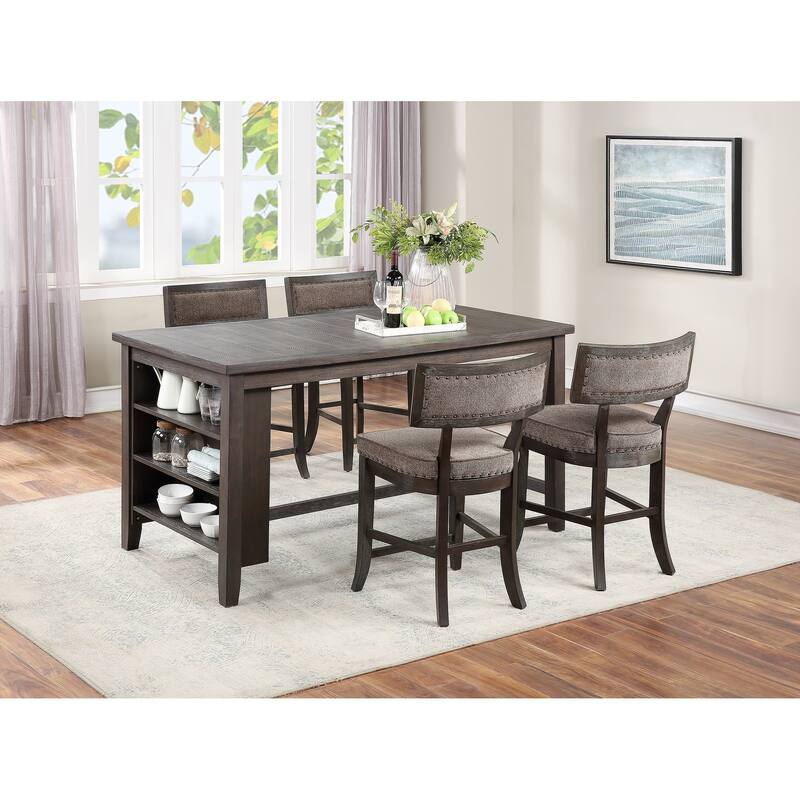 Dining Room Furniture Counter Height Dining Table w Side Shelves Rustic Espresso 5pc Dining Set Table and 4x High Chairs