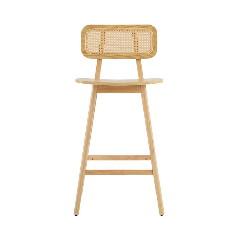 Natural Wood Bar Stools Set of 2 with Woven Rattan Backrest