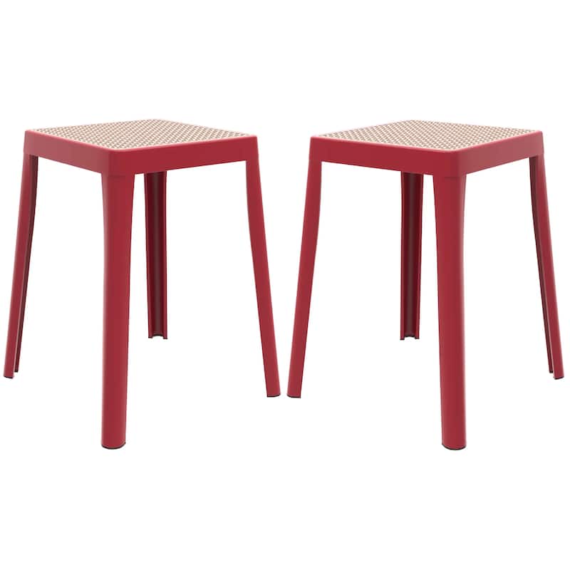 Tresse Modern Stackable Dining Stool with Wicker Seat for Dining Room, Garden, Patio, Indoor or Outdoor Set of 2 - Red