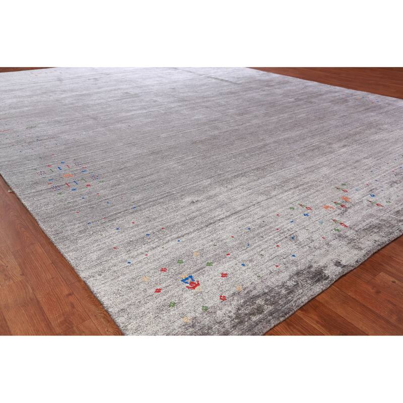 Hand Knotted Oriental 100% Wool Carpet Tribal Stripe Greys & Charcoal Gabbeh Area Rug - 12' 1'' X 9' 1''