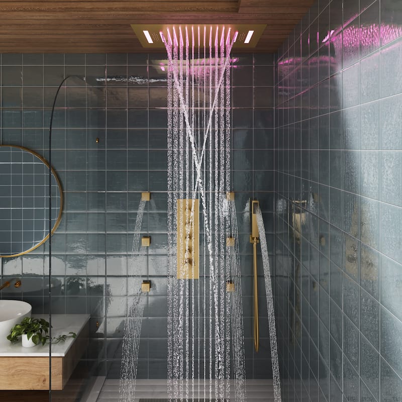 Luxury 4-Spray Patterns 23 in. Ceiling Mount Shower System with Handheld Shower Head, 6 Body Jets, LED, and Music - 15" x 23"