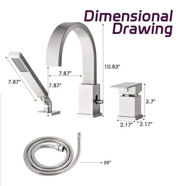 dimension image slide 1 of 4, PROOX Deck Mount 3 Hole Roman Tub Faucet with Hand Shower