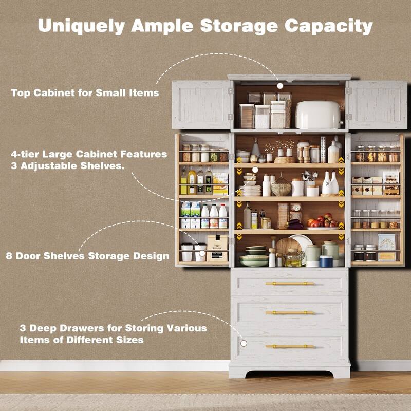 78.2" Tall Farmhouse Pantry Cabinet with 2 Storage Cabinets and 3 Drawers