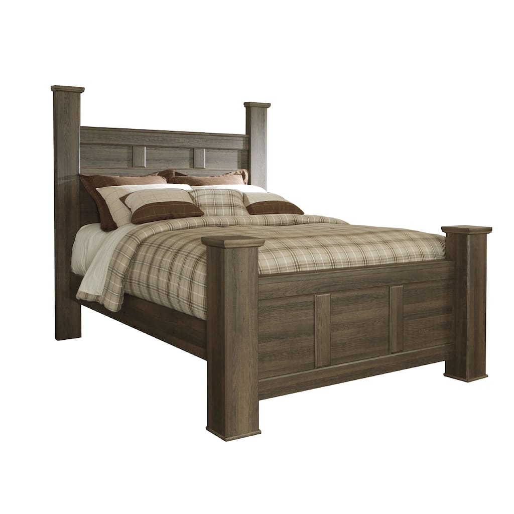 Joi Queen Size Poster Bed, Plank Design, Aged Oak Brown Rough Sawn