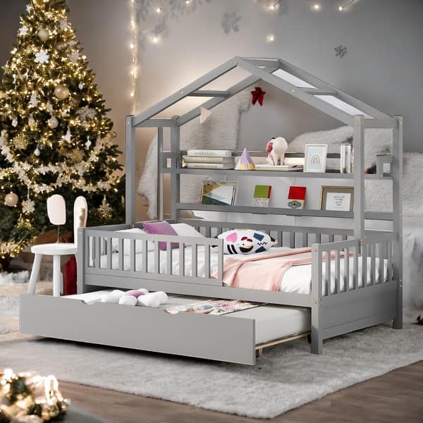 slide 2 of 9, Twin Size Wooden House Bed Kids Bed with Trundle and Shelf for Home Grey