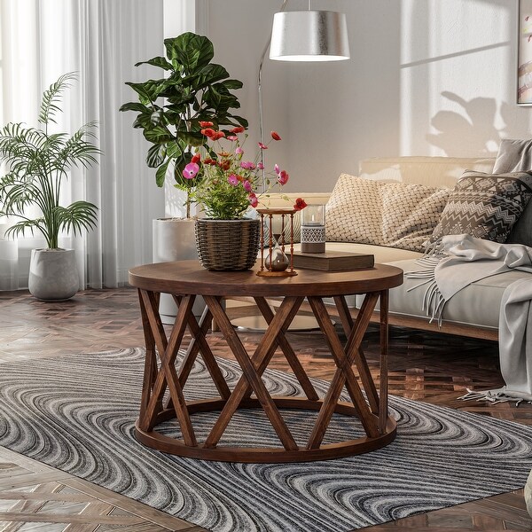 COZAYH Farmhouse End Table Rustic Round Coffee Table with X Motifs Legs Wood Textured Top for Boho French Country Decor On Sale Bed Bath Beyond 37998271