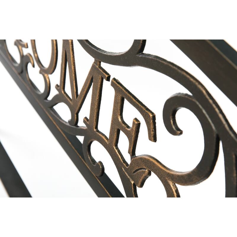 Steel Outdoor Patio Garden Park Seating Bench with Cast Iron "Welcome" Backrest, Front Porch Yard Bench Lawn Decor