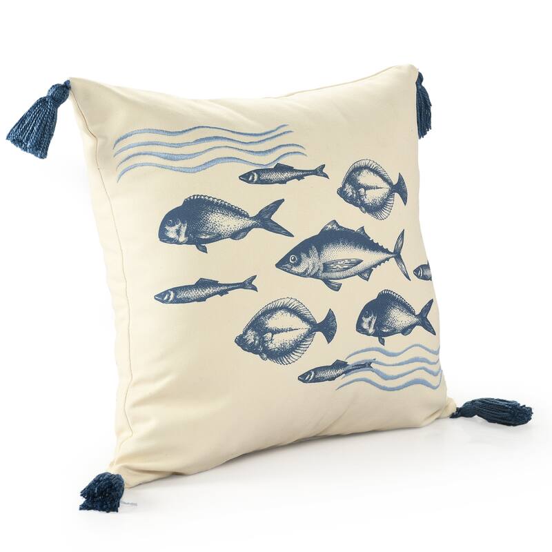 Sevita Denim Blue Coastal Fish-Patterned Polyester Throw Pillow, 20" x 20"