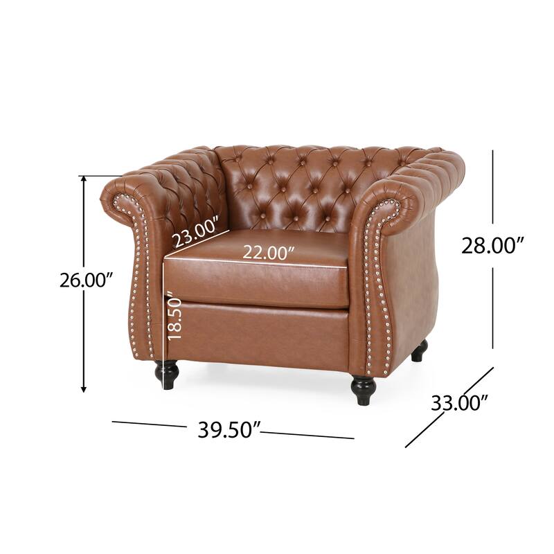 Roomfitters Chesterfield Tufted Accent Chair with Rolled Arms, Upholstered PU Leather Armchair with Nailhead Trim, Brown