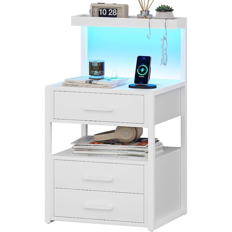 Nightstand Charging Station LED Lights End Table 3 Drawers