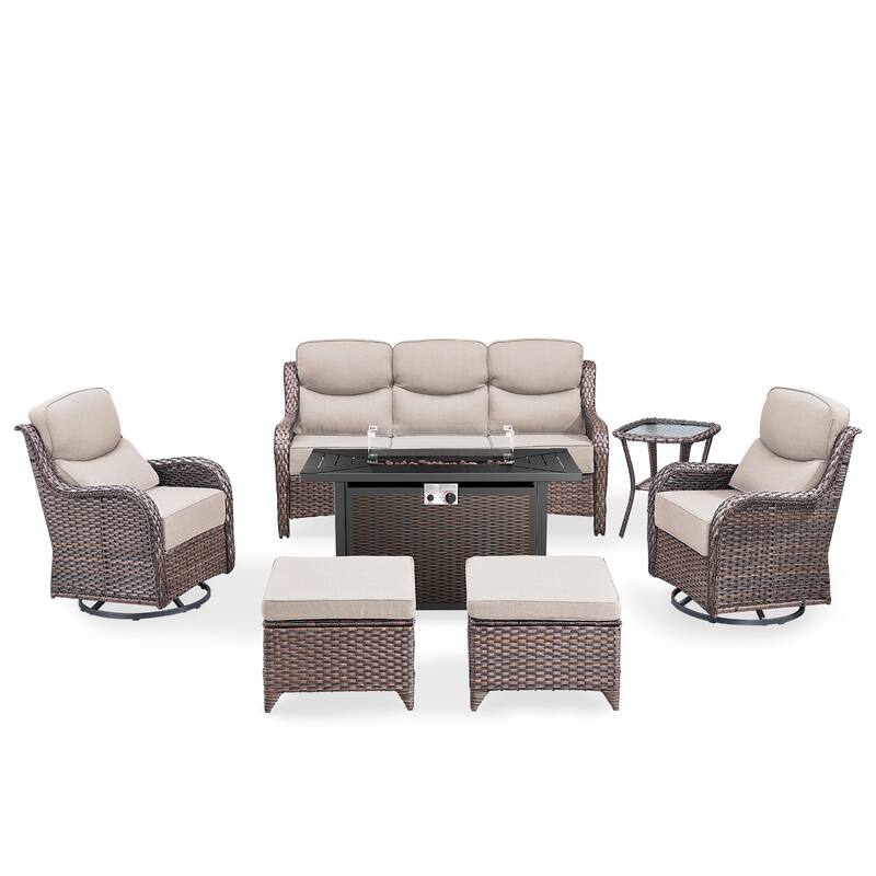 Gymojoy 7-Piece Wicker Patio Furniture Sofa Set with Fire Pit Table, 6-Inch Thick Cushion Swivel Glider Chairs & Ottomans
