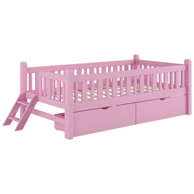 Twin Size Platform Bed with 2 Storage Drawers and Guardrail, Montessori Kids Wood Bed, No Box Spring Required