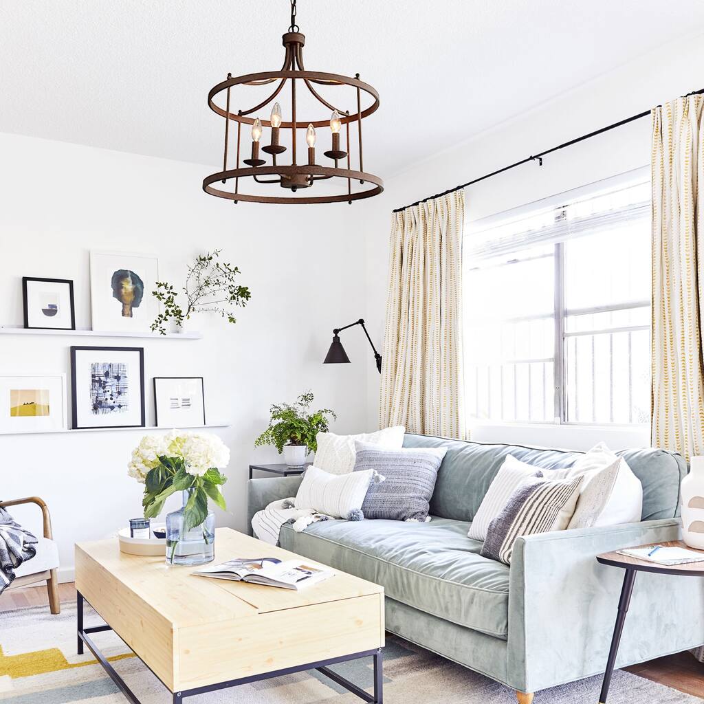 4 Light Candle Drum Chandelier In Rustic Finish