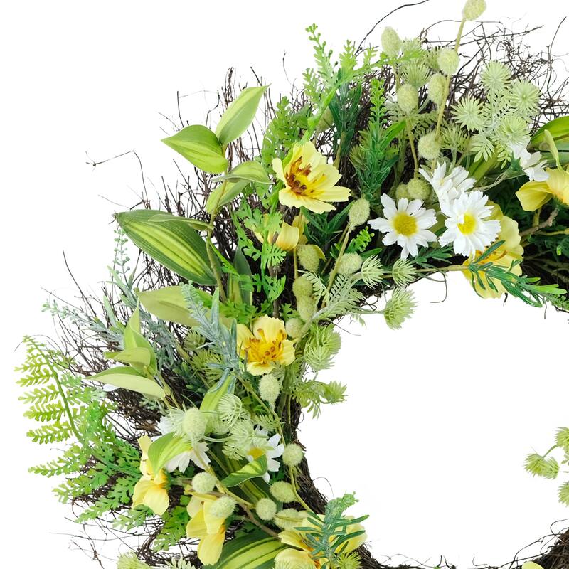 Daisy and Dogwood Artificial Floral Spring Wreath - 24" - White and Yellow