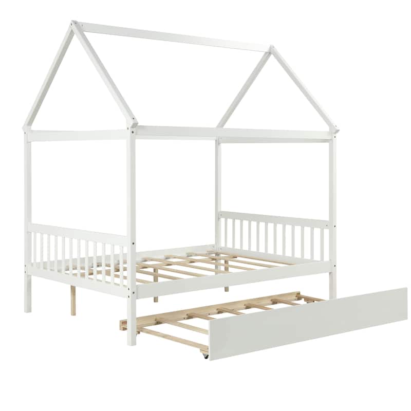 Full Size Wood House Bed with Trundle, Roof and Fence for Kids, Boys and Girls