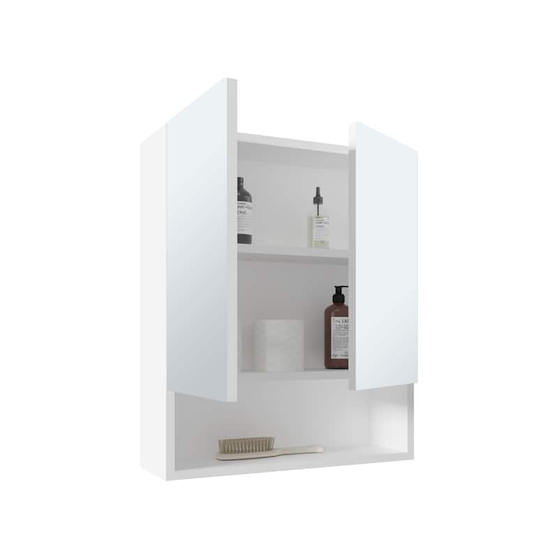 23" High White Double Door Medicine Cabinet with Three Adjustable Shelves and Open Shelf, Compact Bathroom Storage Solution