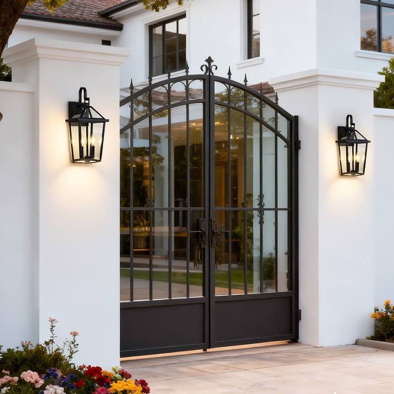 20 in. 2-Light Black Outdoor Hardwired Wall Lantern Sconce with Clear Glass Shade