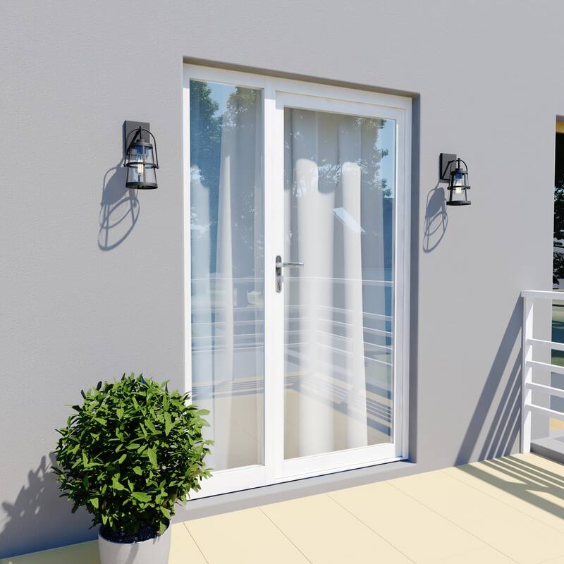 VAXCEL Portage Park 12.75 in. H 1-Light Matte Black Dusk to Dawn Sensor Outdoor Wall Sconce, Steel, Clear Seeded Glass Shade