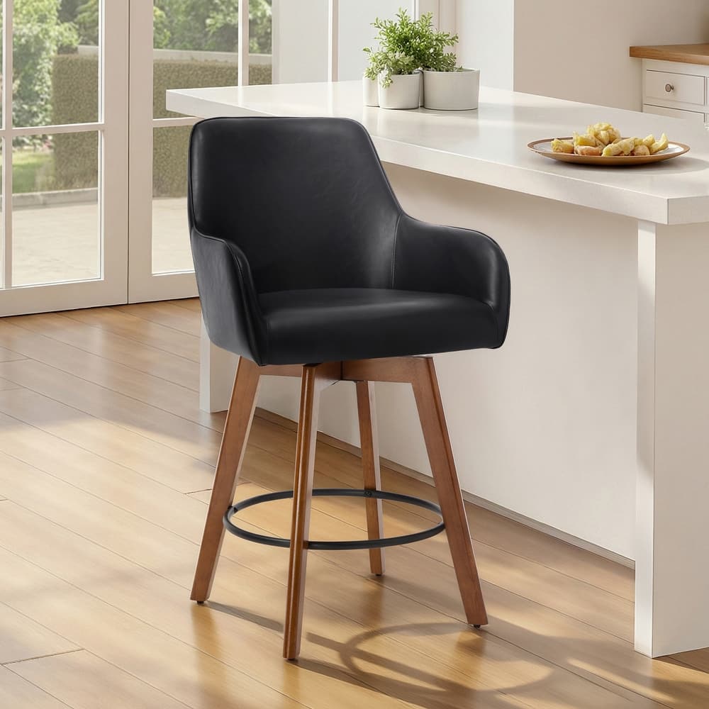 25 Inch Upholstered Swivel Counter Height Bar Stool with Armrests, Solid Wood Legs - 23.6"W x 22.4"D x 40.2"H