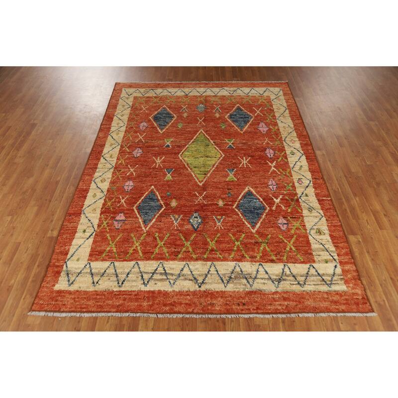 Geometric Orange Moroccan Oriental Rug Handmade Modern Wool Carpet - 6'9" x 9'9"