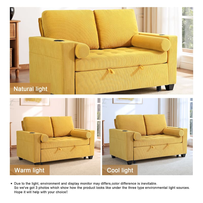 Corduroy Convertible Loveseat Sofa Bed Recliner with Cup Holder, USB Ports & Storage