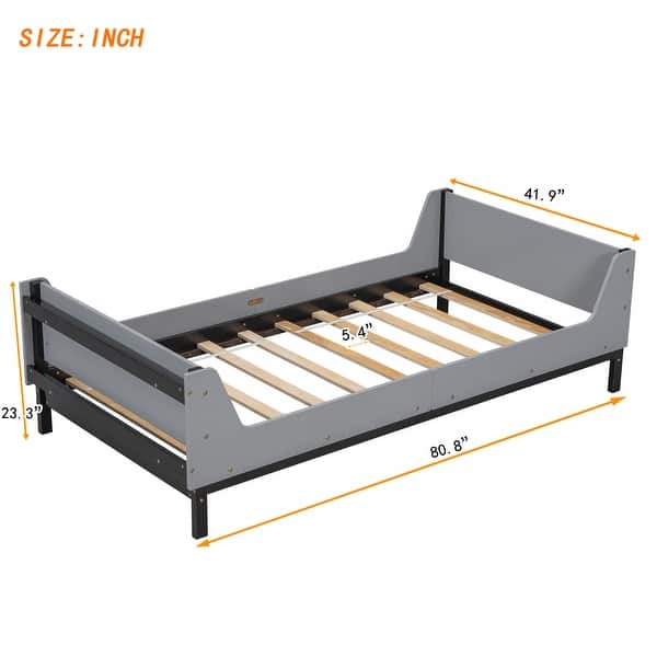 dimension image slide 0 of 2, Wood Twin Platform Bed Frame with Headboard & Footboard