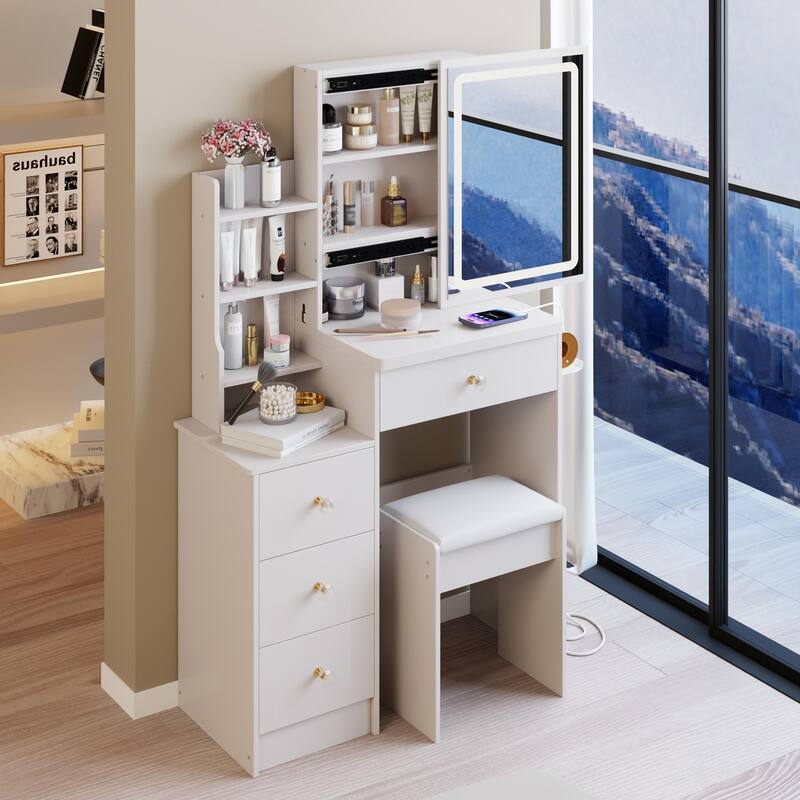 Small Size Left Bedside Cabinet Vanity Table+Cushioned Stool,USB Power Station,Touch Control Sliding LED Mirror
