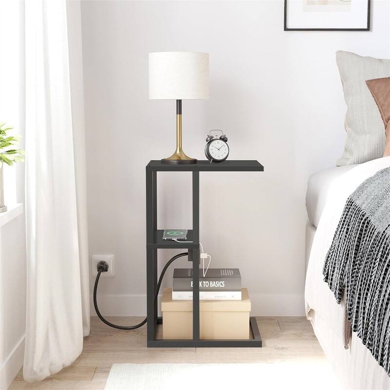C Shaped End Table with Charging Station - 11.8"D x 15.4"W x 23.4"H