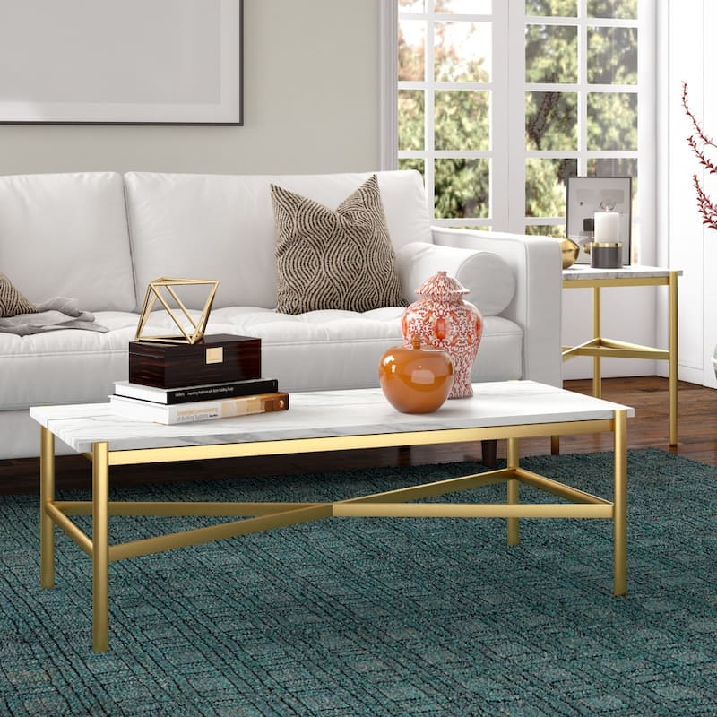 46 Inch Modern Faux Marble Coffee Table Rectangular Metal Base Accent for Living Room Decor - 46"L x 20"W x 16"H