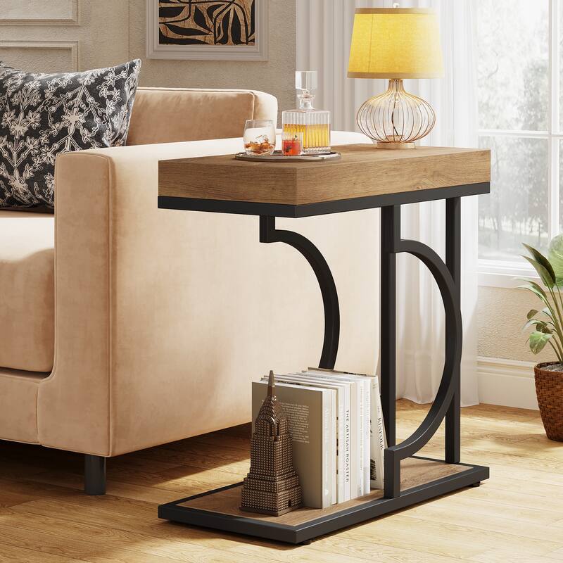 2 Tiers C Shaped Narrow End Chairside Table for Living Room